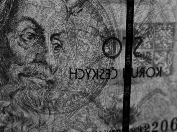 Closeup Black White Shot Czech Banknote Hundred Koruna King Korel — Stock Photo, Image