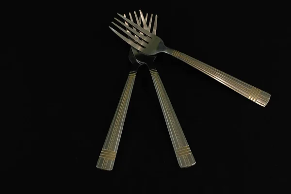Closeup Three Silver Forks Black Background — Stock Photo, Image