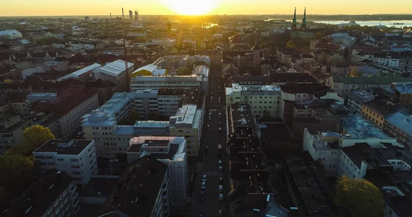 Aerial Drone Shot Sunlit Streets Punavuori Helsinki Sunrise Overlooking Architecture — Foto de Stock