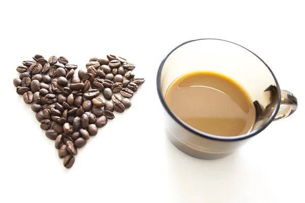 Cup Coffee Next Heart Made Roasted Coffee Beans Isolated White — Stock Photo, Image