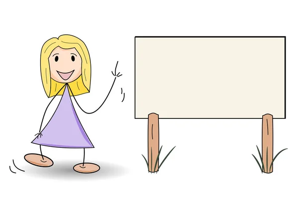 Happy Woman Giving Presentation While Pointing Blank Board Isolated White — Zdjęcie stockowe