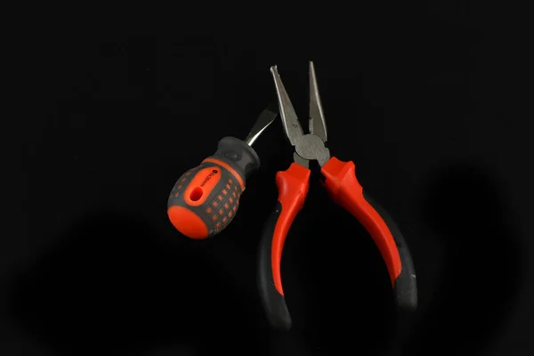 Closeup Needle Point Plier Mini Screwdriver Black Background — Stock Photo, Image