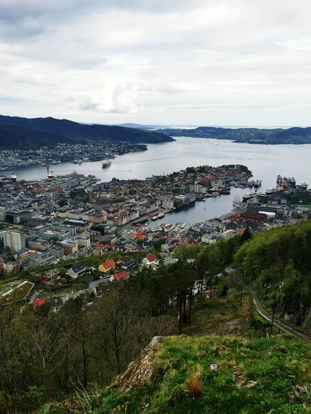 Plano Vertical Ciudad Bergen Desde Montaña Floyen Noruega —  Fotos de Stock