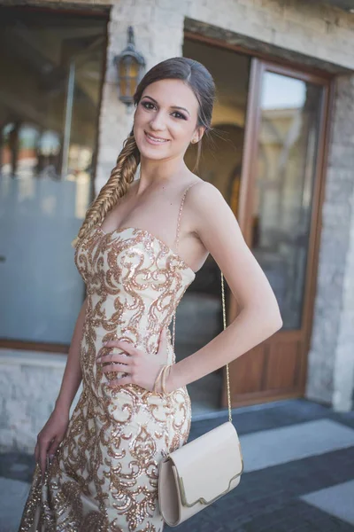 Attractive Caucasian Female Beautiful Makeup Hair Wearing Elegant Dress Party — Stock Photo, Image