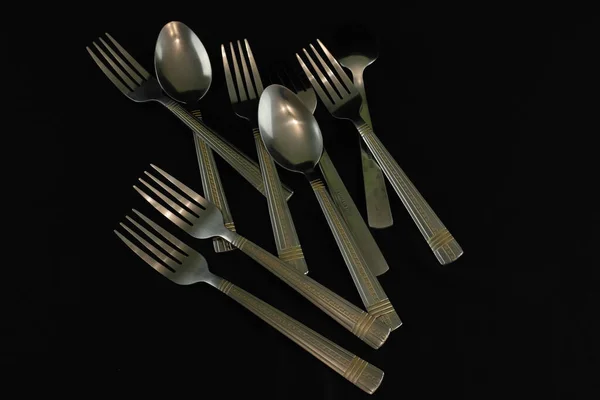 Closeup Silver Forks Spoons Black Background — Φωτογραφία Αρχείου