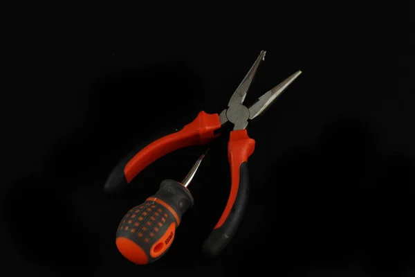 Closeup Needle Point Plier Mini Screwdriver Black Background — Stock Photo, Image