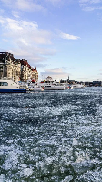 Stockholm Sweden Feb 2019 Stockholm River Harbour Downtown Iced Water — Stock Photo, Image