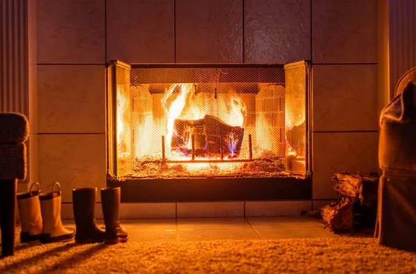 Beautiful Shot Cozy Fireplace House Shoes Front — Φωτογραφία Αρχείου