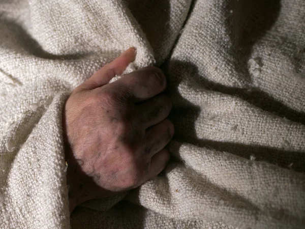 Dirty Hand Poor Person Wrapped Blanket Close Shot — Stock Photo, Image