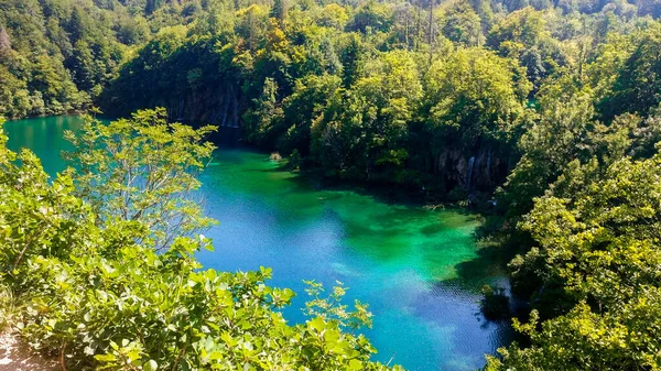 プリトヴィツェ湖のターコイズブルーの湖に落ちる滝の壮大な景色国立公園 クロアチア — ストック写真