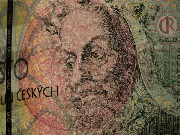 Nahaufnahme Einer Tschechischen Hundert Kronen Banknote Mit König Korel Von — Stockfoto