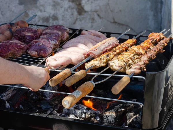 Person Barbequing Different Types Meat — Φωτογραφία Αρχείου