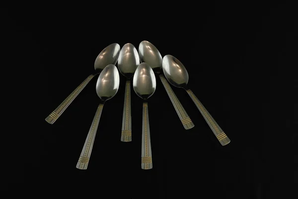 Closeup Silver Spoons Black Background — Stock Photo, Image