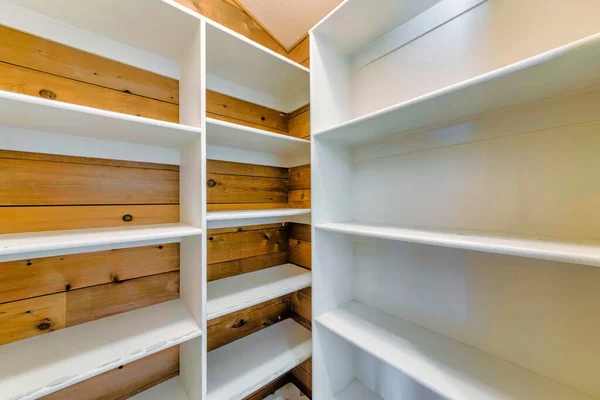 Minimalistic Pantry Interior Design Wooden Empty Racks White Color — Stock Photo, Image