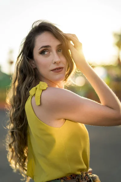 Attractive Female Summer Dress Posing Camera Amusement Park — Stock Photo, Image