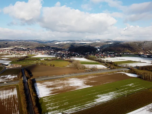 Aerial View Diverse Snow Covered Landscapes Winter Countryside — Stock Photo, Image