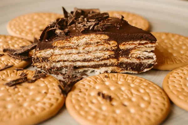 一块自制的巧克力和饼干蛋糕 饼干背景上的美味蛋糕传统的生日蛋糕 — 图库照片