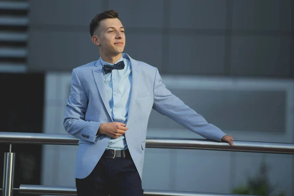 Young Male Model Posing Light Blue Suit Bow Tie — Stok fotoğraf