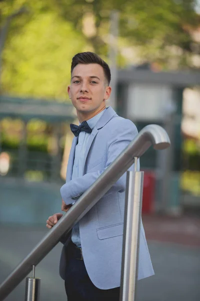 Vertical Shot Young Attractive Male Formal Suit Posing Outdoors — Fotografia de Stock
