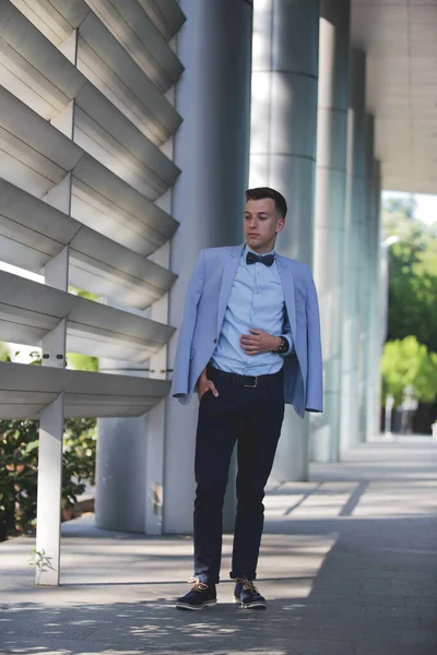 Disparo Vertical Guapo Hombre Caucásico Bosnio Traje Pajarita Posando Aire —  Fotos de Stock