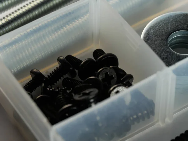 Closeup Various Industrial Fasteners Plastic Storage Container — Stock Photo, Image