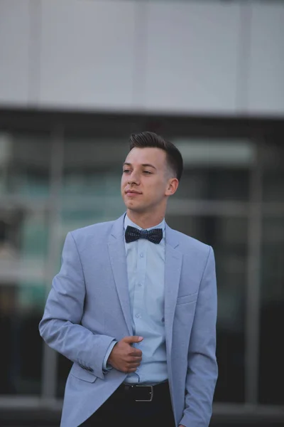 Vertical Shot Young Attractive Male Formal Suit Posing Outdoors — Photo