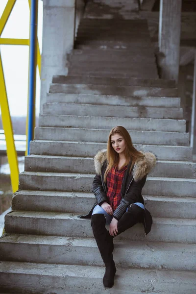 Vertical Shot Young Female Coat Long Boots Posing Sitting Stairs — ストック写真