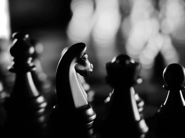 Eine Graustufenaufnahme Von Schachfiguren Auf Einem Schachbrett — Stockfoto