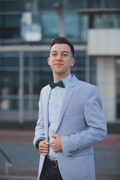Vertical Shot Young Attractive Male Formal Suit Posing Outdoors — Fotografia de Stock