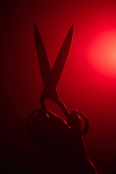 Vertical Shot Hand Holding Large Pair Scissors Bright Red Run — Fotografia de Stock