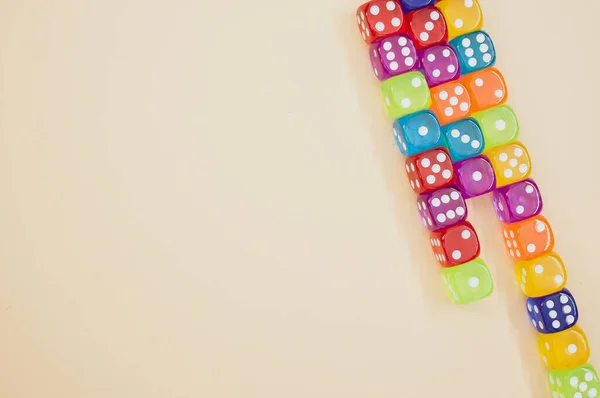 Top View Transparent Colorful Dice Pastel Orange Surface Copy Space — Stock Photo, Image