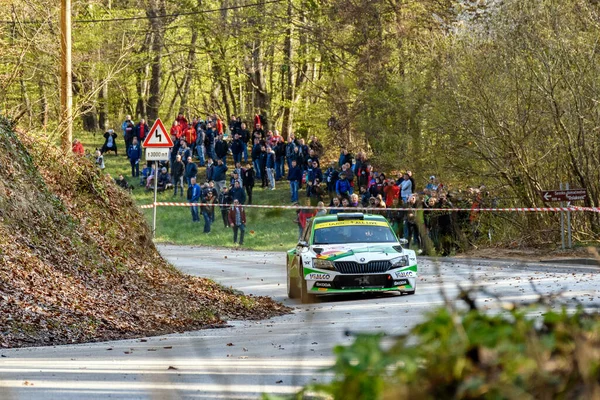 Zagreb Croatia Április 2021 Skoda Fabia Versenyzés Aszfalt Rally Színpadon — Stock Fotó