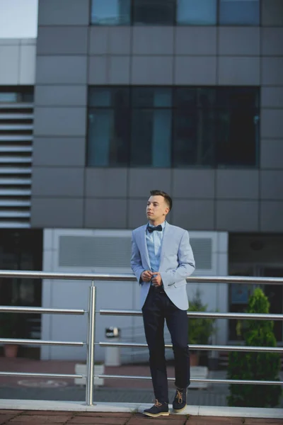 Vertical Shot Young Attractive Male Formal Suit Posing Outdoors — Fotografia de Stock