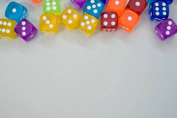 Top View Colorful Plastic Dice Gray Background Space Text — Stock Photo, Image