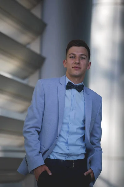 Vertical Shot Handsome Bosnian Caucasian Man Suit Bow Tie Posing — Stok fotoğraf