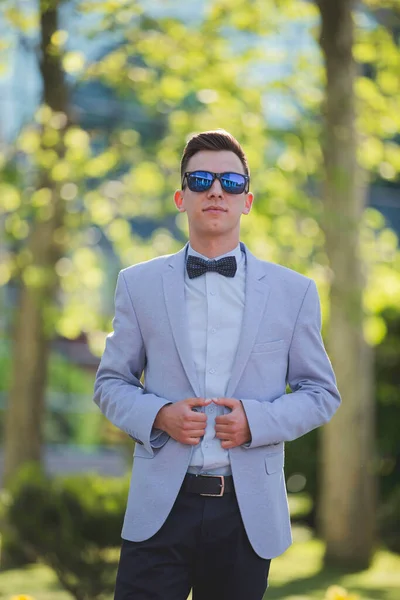 Vertical Shot White Caucasian Man Wearing Classic Blue Suit Posing — ストック写真