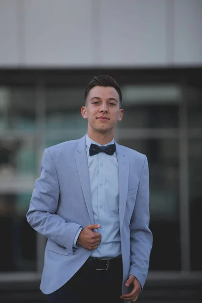 Vertical Shot Young Male Model Posing Light Blue Suit Bow — Stock Photo, Image