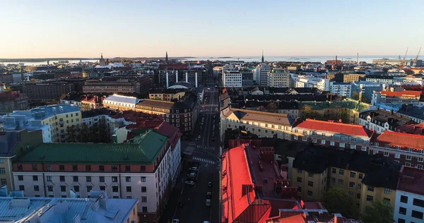 Aerial Drone View Quiet Fredrikinkatu Street Helsinki Summer Sunrise Helsingfors — Stock Photo, Image