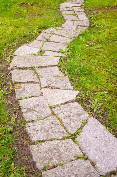 Der Weg Durch Rasen Gepflastert Mit Steinplatten — Stockfoto