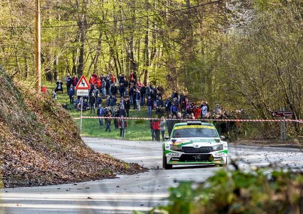 Zagreb Croatia Április 2021 Skoda Fabia Versenyzés Aszfalt Rally Színpadon — Stock Fotó