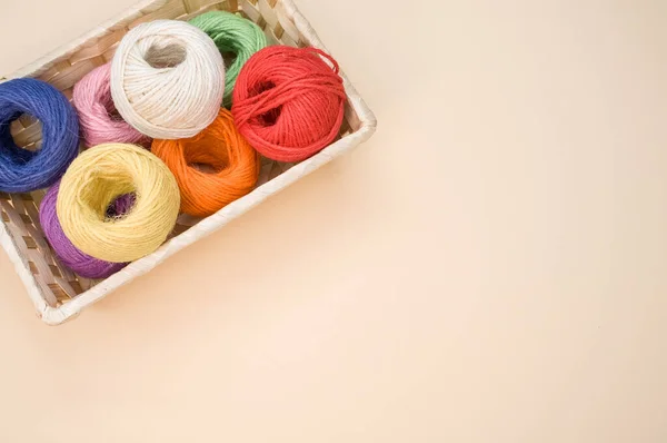 Colorful Thread Rolls Box Isolated Beige Background — Stock Photo, Image