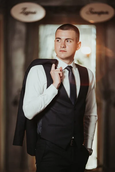 Young Elegant Caucasian Man Wearing Expensive Suit Event — ストック写真