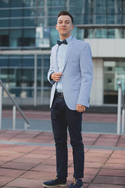 Young Elegant Caucasian Man Wearing Expensive Blue Suit Event — стокове фото