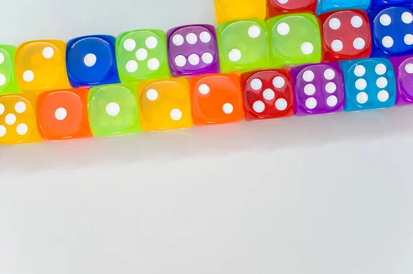 Top View Group Colorful Transparent Dice White Background Copy Space — Stock Photo, Image