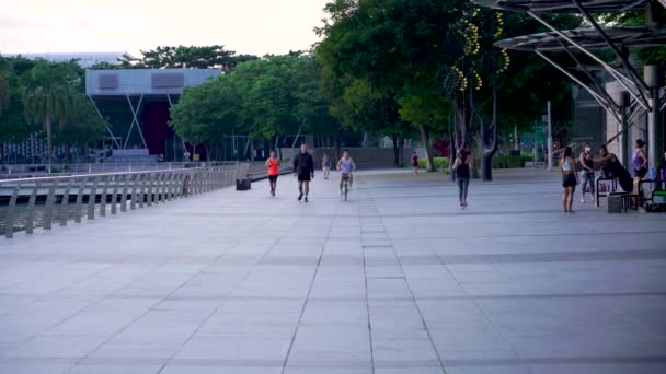 Άνθρωποι Τζόκινγκ Γρήγορο Περπάτημα Και Ποδήλατο Στο Marina Boulevard Νωρίς — Αρχείο Βίντεο