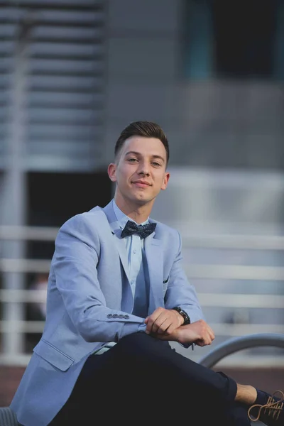 Vertical Shot Young Attractive Male Formal Suit Posing Outdoors — Stock Photo, Image