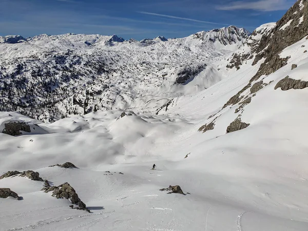 Skidåkare Skidtur Kleine Reibn Berchtesgaden Nationalpark Tyskland Utsikt Mot Hagengebirge — Stockfoto