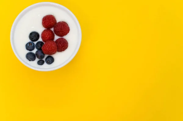 Närbild Bild Keramisk Skål Med Vit Yoghurt Med Blåbär Och — Stockfoto