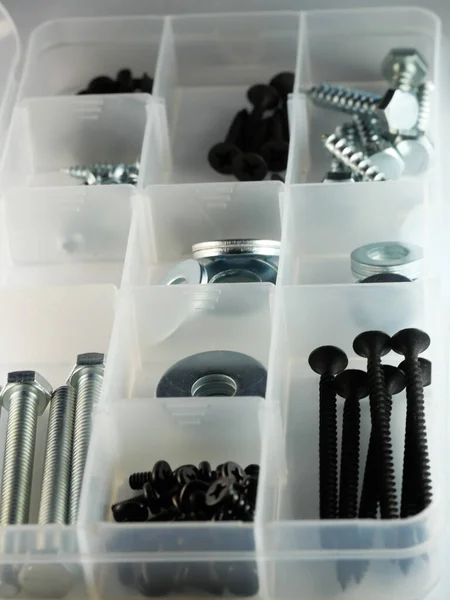 Closeup Various Industrial Fasteners Plastic Storage Container — Stock Photo, Image