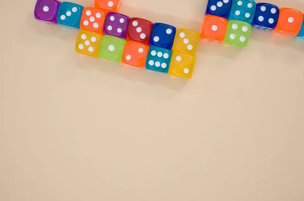 Top View Transparent Colorful Dice Pastel Orange Surface Copy Space — Stock Photo, Image